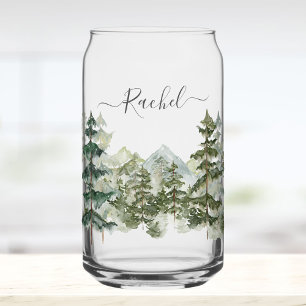 Monogram Waterverf Dennenbos Berg Esthetisch Blikvorm Glas