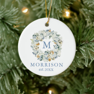 Monogram Waterverf Dusty Blue Floral Wreate Keramisch Ornament