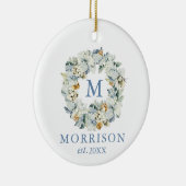 Monogram Waterverf Dusty Blue Floral Wreate Keramisch Ornament (Rechts)