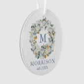 Monogram Waterverf Dusty Blue Floral Wreate Ornament (voorkant)
