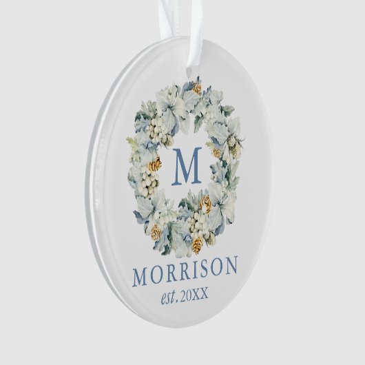 Monogram Waterverf Dusty Blue Floral Wreate Ornament (voorkant)