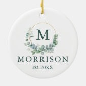 Monogram Waterverf Eucalyptus Pas getrouwd Keramisch Ornament (Achterkant)