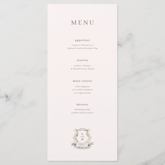 Monogram Waterverf Floral Crest Bruiloft Menu (Voorkant)