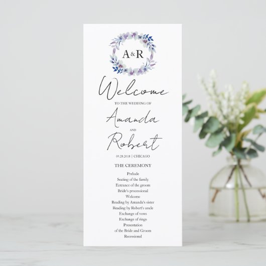Monogram Waterverf Floral Wedding Programme (Staand voorkant)