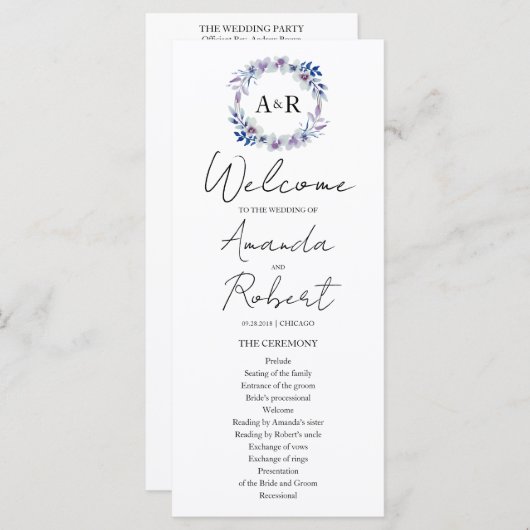 Monogram Waterverf Floral Wedding Programme (Voorkant / Achterkant)