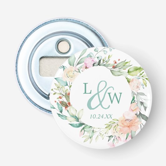 Monogram Waterverf Floral Wreath Wedding Button Flesopener (Voorkant)