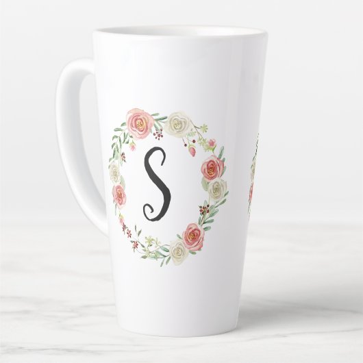 Monogram Waterverf Floral Wreatroze witte rozen Latte Mok (Linkerhoek)