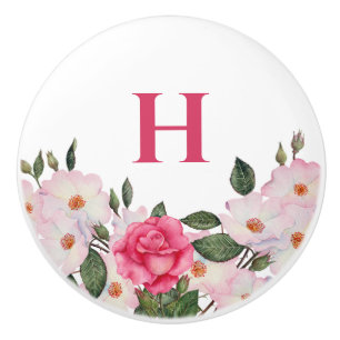 Monogram Waterverf Gentle roze witte rozen Keramische Knop