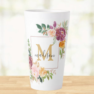 Monogram Waterverf Kleurrijke Rozen Bloem Floral Latte Mok