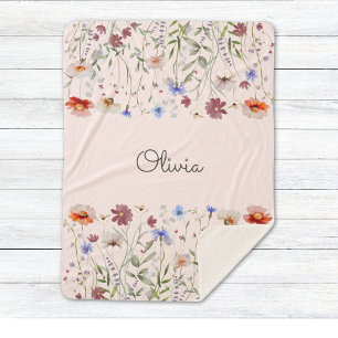 Monogram Waterverf Kleurrijke Wildflower Meadow Sherpa Deken