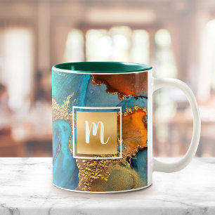 Monogram waterverf marmer goud turquoise sinaasapp tweekleurige koffiemok