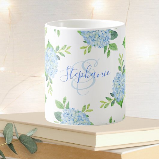 Monogram Waterverf Modern Floral Blue Hydrangea Koffiemok