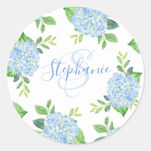 Monogram Waterverf Modern Floral Blue Hydrangea Ronde Sticker (Voorkant)