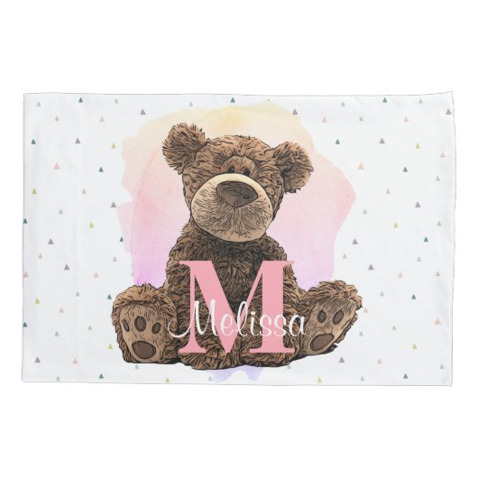  monogram Waterverf Naam Roze Teddy Bear Kussensloop (Achterkant-Links)