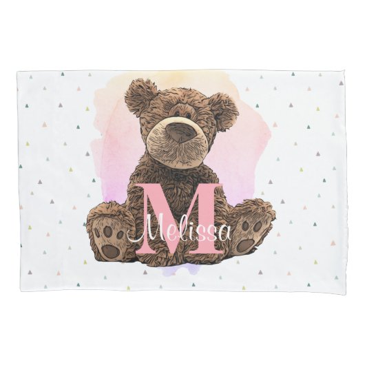  monogram Waterverf Naam Roze Teddy Bear Kussensloop (Voorkant-Links)
