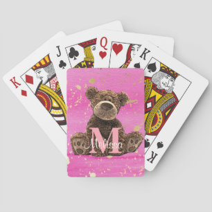  monogram Waterverf Naam Roze Teddy Bear Pokerkaarten