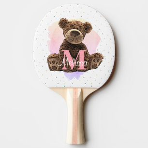 monogram Waterverf Naam Roze Teddy Bear Tafeltennisbatje