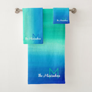 Monogram waterverf oceaan blauw groene ombre stran bad handdoek
