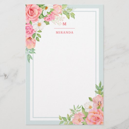 Monogram Waterverf Ombre Floral Greenery Roos Briefpapier (Voorkant)