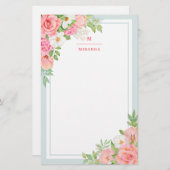 Monogram Waterverf Ombre Floral Greenery Roos Briefpapier (Voorkant / Achterkant)