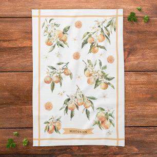 Monogram Waterverf Oranje Bloemige Botanische Theedoek