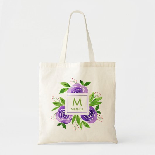 Monogram Waterverf Paarse Floral Tote Bag (Voorkant)