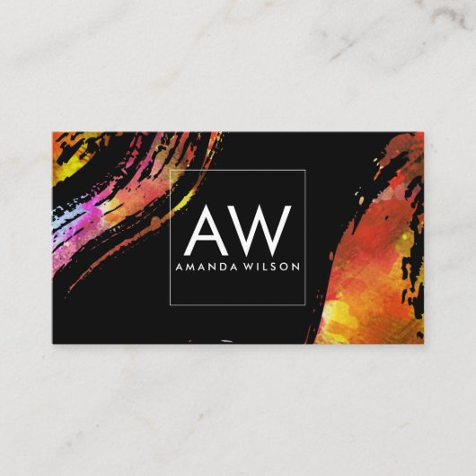 Monogram Waterverf Penseelstreek Zwarte achtergron Visitekaartje (Voorkant)
