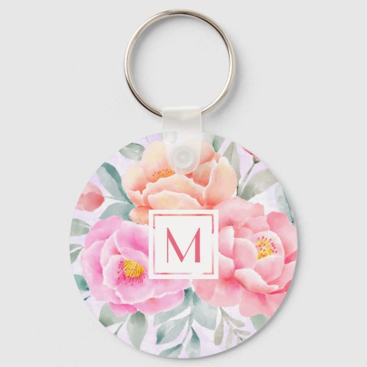Monogram Waterverf Peonies Rozen Roze Floral Boho Sleutelhanger (Voorkant)