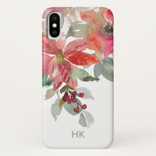 Monogram Waterverf Rood Poinsettia Bloemen Chic iPhone X Hoesje