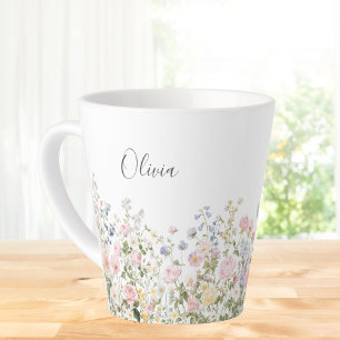 Monogram Waterverf Roze Blauwe Bloemen Bloemig  Latte Mok