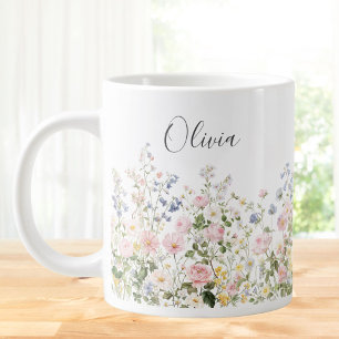 Monogram Waterverf Roze Blauwe Bloemen Bloemstuk  Extra Grote Beker