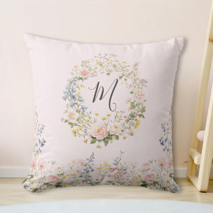Monogram Waterverf Roze Blauwe Bloemen Bloemstuk Kussen