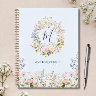 Monogram Waterverf Roze Blauwe Bloemen Bloemstuk Notitieboek