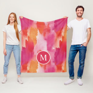 Monogram Waterverf Roze Oranje Abstract Fleece Deken