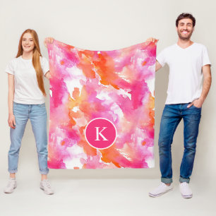 Monogram Waterverf Roze Oranje Abstract Fleece Deken