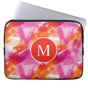 Monogram Waterverf Roze Oranje Abstract Laptop Sleeve