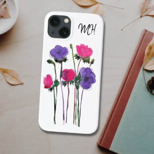 Monogram Waterverf Roze Paarse Floral iPhone 13 Hoesje