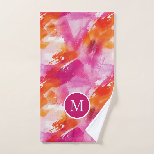 Monogram Waterverf Roze Sinaasappel Abstract Bad Handdoek (Handdoek)