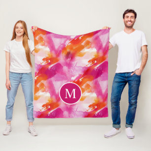Monogram Waterverf Roze Sinaasappel Abstract Fleece Deken