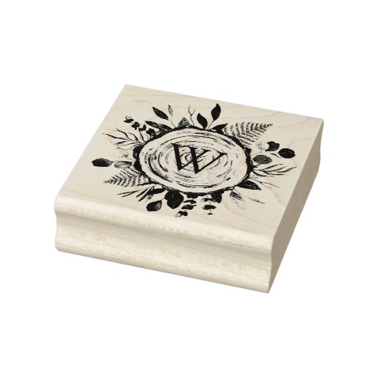Monogram Waterverf Rustieke Houten Plak en Bladerw Rubberstempel (Stempel)