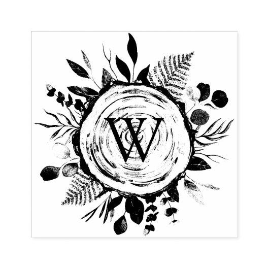 Monogram Waterverf Rustieke Houten Plak en Bladerw Rubberstempel (Afrduk)