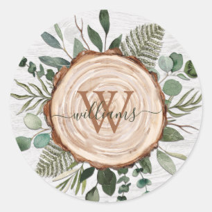 Monogram Waterverf Rustieke Houten Schijf en Blad Ronde Sticker