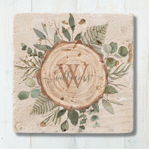 Monogram Waterverf Rustieke Houten Schijf en Blad Stenen Onderzetter
