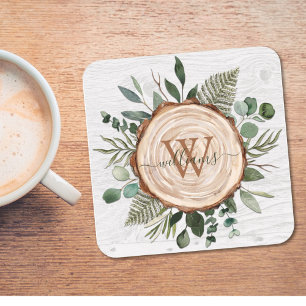 Monogram Waterverf Rustieke Houten Schijf en Blad Vierkante Kartonnen Onderzetter