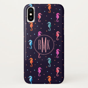 Monogram   Waterverf Seapaarden op Navy Blue iPhone X Hoesje