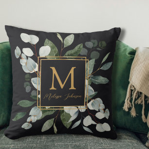 Monogram Waterverf Tropische Groene Bladeren Zwart Kussen