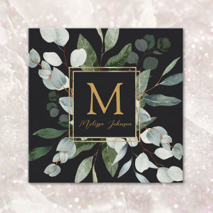 Monogram Waterverf Tropische Groene Bladeren Zwart Vierkante Visitekaartje