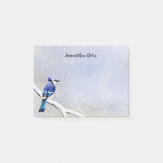 Monogram Waterverf Winter Snowfall Bird Jay Post-it® Notes (Voorkant)