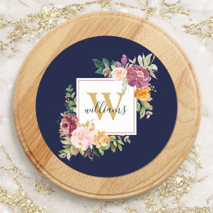 Monogram Waterverfrozen Gouden Bloem Floral Ronde Sticker