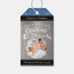 Monogram Weddenschap Foto Royal Blue Damask Patter Cadeaulabel